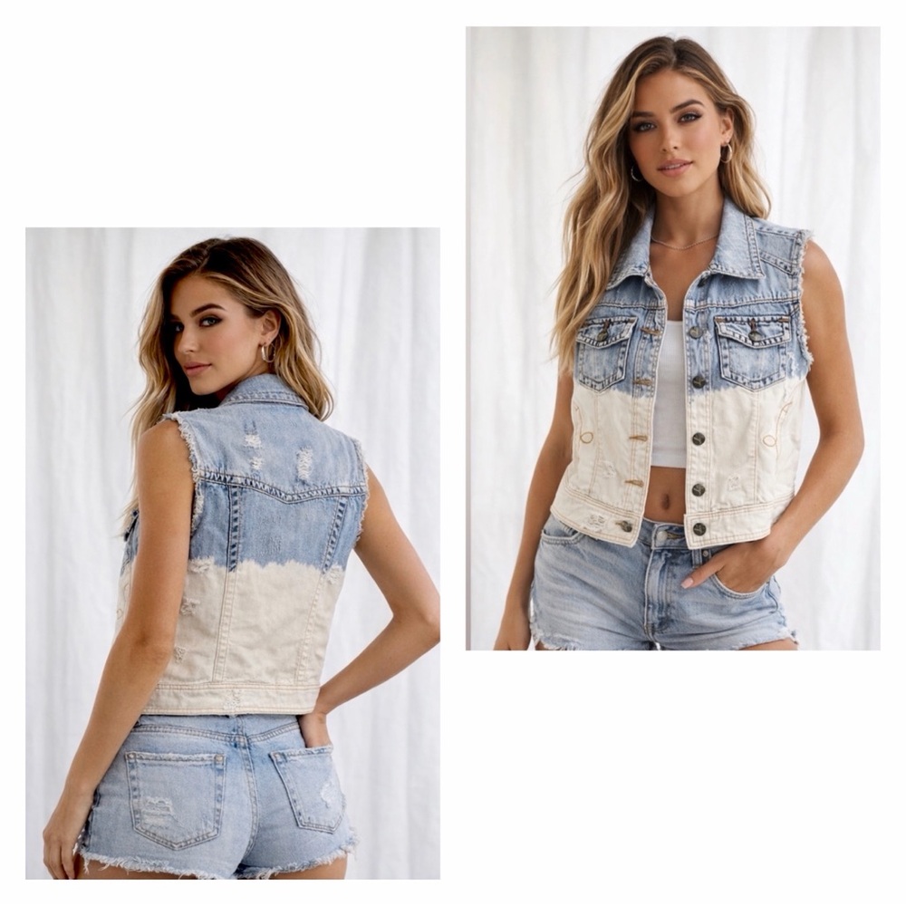 Y2K Rails Vintage Distressed Denim Vest Size 6 2-Tone Acid Wash Raw Hem Western